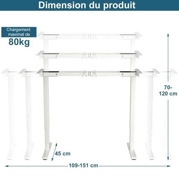 COSTWAY ELECTRIC SIT-STAND DESK - 2 motorer - Justerbar i højden (70-120 CM) og bredde (109-151 cm) Mindre end 50 dB Hvid