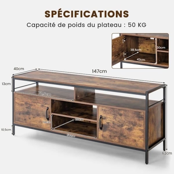 COSTWAY 65" TV-møbel med 2 Skab med Dør og 4 Rum, Industrielt, til Stue, Værelse, Sal, 110 x 42,5 x 45 cm 120kg