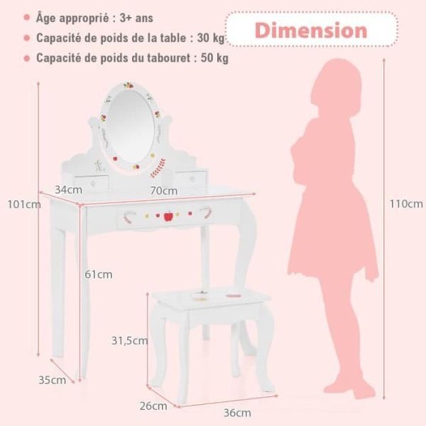 COSTWAY Sminkbord för barn - Pall, 360° roterande spegel - White Board på baksidan - Sminkbord - 3 lådor, 4 markörer