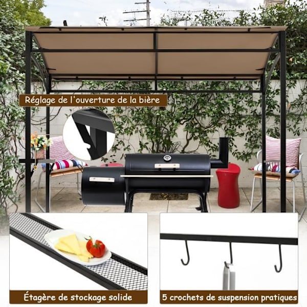 COSTWAY Grilltelt 216 x 134 x 211 cm - Polyester Aftægt - Servicereol - Opbevaringskroge - Vandafvisende Antracit
