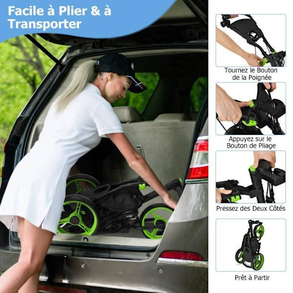 COSTWAY hopfällbar golfvagn med 4 hjul elastisk rem, justerbar paraplyhållare och mugghållare Aluminiumbelagd väska Grön
