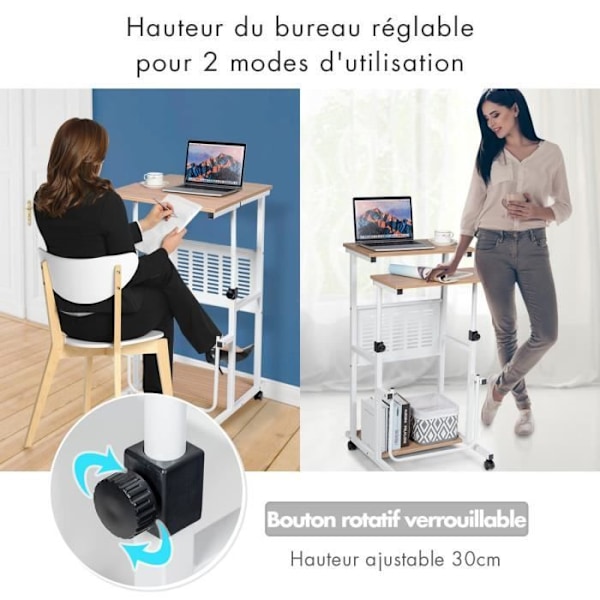 COSTWAY computerbord med hjul Dobbelt top Justerbar højde 68-98 cm printerstøtte, fodstøtte Beige