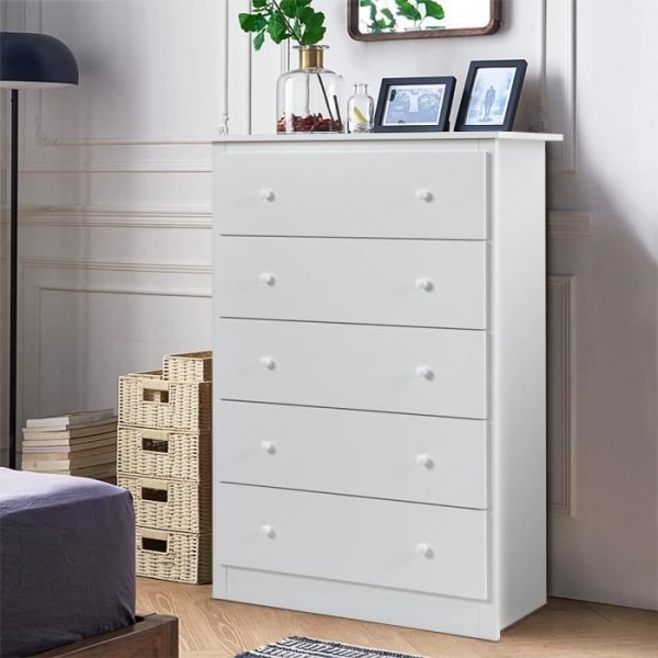 COSTWAY soveværelses kommode med 5 skuffer med glatte glideskinner, skandinavisk design, anti-vippeanordning, 80x40x115cm, hvid