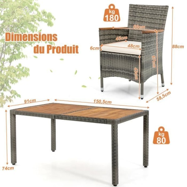 COSTWAY Trädgårdsmöbelset med 1 bord och 6 stolar i trä och anti-UV-rotting, justerbara fötter och vattentäta kuddar ingår, grå
