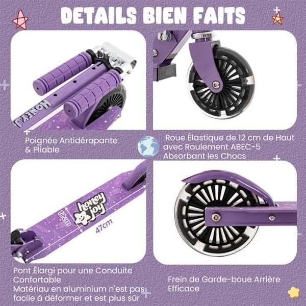 COSTWAY hopfällbar barnskoter 2 automatiska blinkande hjul Justerbar höjd TPR-handtag Aluminiumlegering 3-8 år Lila Lila