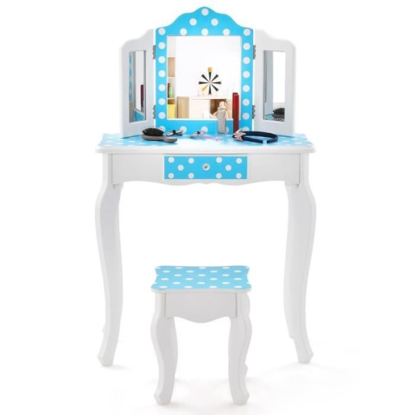 COSTWAY Sminkbord för barn med pall, avtagbar 3-faldig spegel &amp; låda &amp; anti-tilt-enhet, 60 x 27,5 x 97,5 cm, blå
