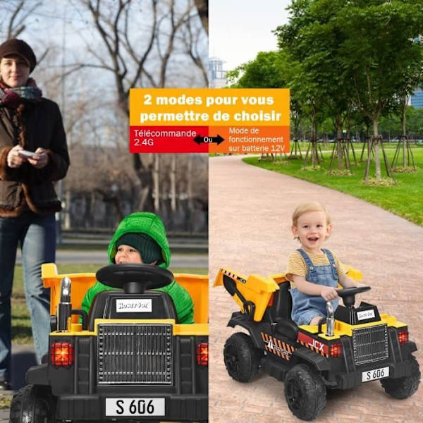 COSTWAY sähköauton kippiauto 12 V:n akulla lapsille Max nopeus: 5 km/h, kaukosäädin, valo- ja äänitoiminnot