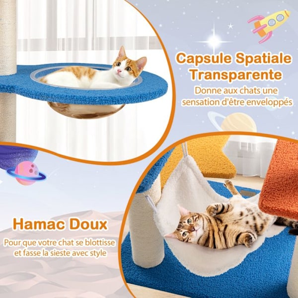 COSTWAY 124 cm Kattetræ på flere niveauer, rumtema, UFO-formet aborre, sisal-kradsestolper, platforme Blå + Vit + Gul + Orange