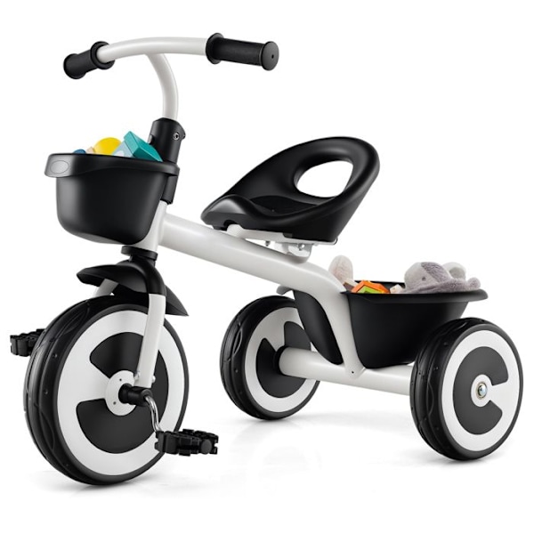 COSTWAY Tricycle til Børn med Pedal, Justerbart Sæde, Opbevaringskurve, Robust Kulstofstål, 4 EVA Hjul, 1,5 til 5 År Hvid