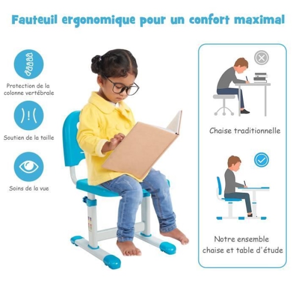 COSTWAY Børne Ergonomisk Skrivebord Justerbar Højde, Læneplade 0-45°, Skydelåge Multi-Opbevaring Blå Blå