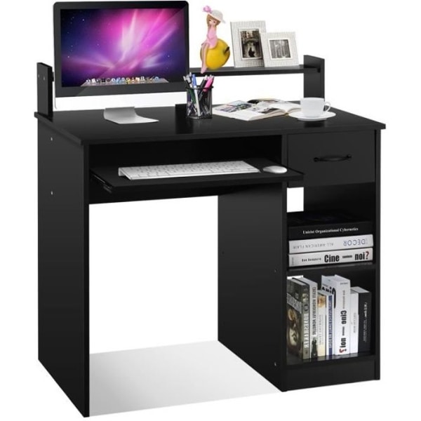 COSTWAY Computer Table with Drawer and 2 Storage Shelves Computer Desk with Keyboard Tray Black Svart