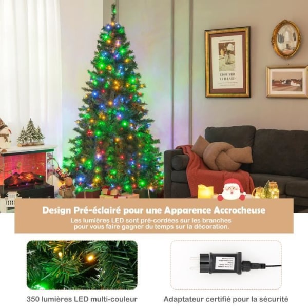 COSTWAY förbelyst konstgjord julgran, 215 cm med 350 LED flerfärgade lampor, hopfällbart metallställ, 1006 grenar, grönt