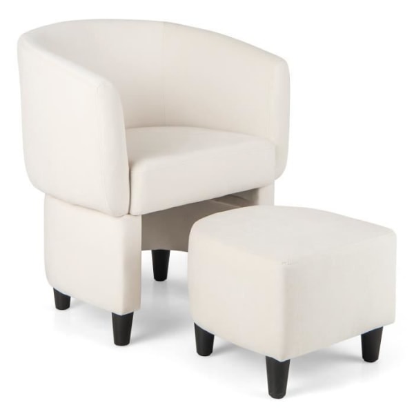 COSTWAY Velvet Upholstered Barrel Chair med ottomansk, massiv träram, halkfria filtdynor, beige