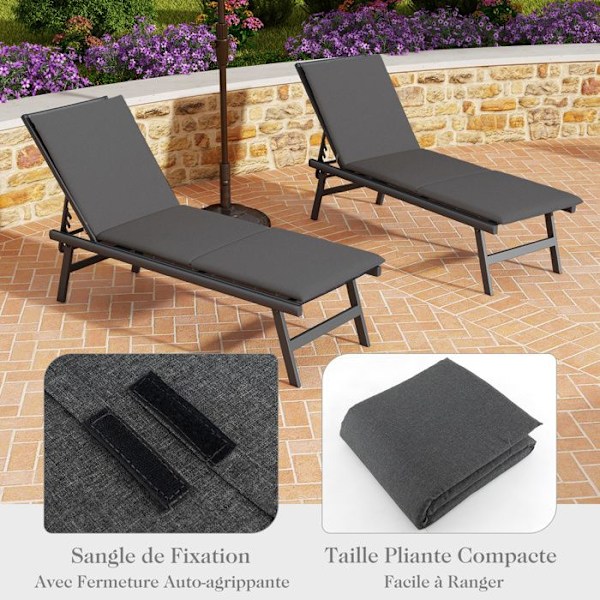 COSTWAY pude til udendørs loungestol, med fast rem, foldbar pude, elasticitet og åndbarhed, 182 x 59 cm, Grå Grå