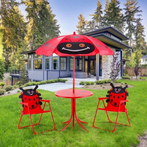 COSTWAY trädgårdsbord och 2 stolar set med parasoll för barn Justerbart skalbagge picknickbord