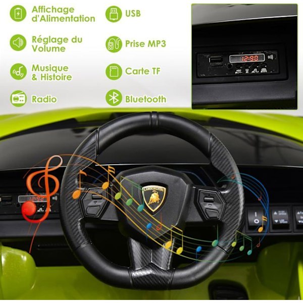Lamborghini SIAN elbil 12V/4,5 Ah til børn 3-8 år, 2,4G fjernbetjening, 2 motorer, MP3, USB, TF, Radio, Story, Grøn Grön
