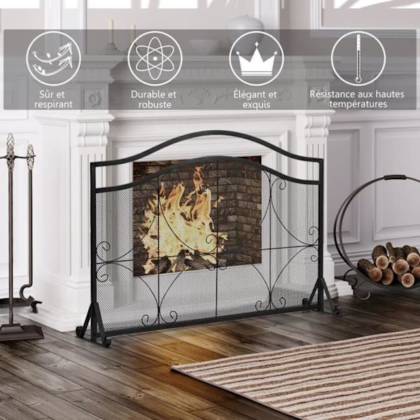 COSTWAY Brandskærm til pejs/ovn - 1 stort kraftigt metalrammepanel - 4 stabile beslag - 112 x 33 x 83 cm - buet mønster