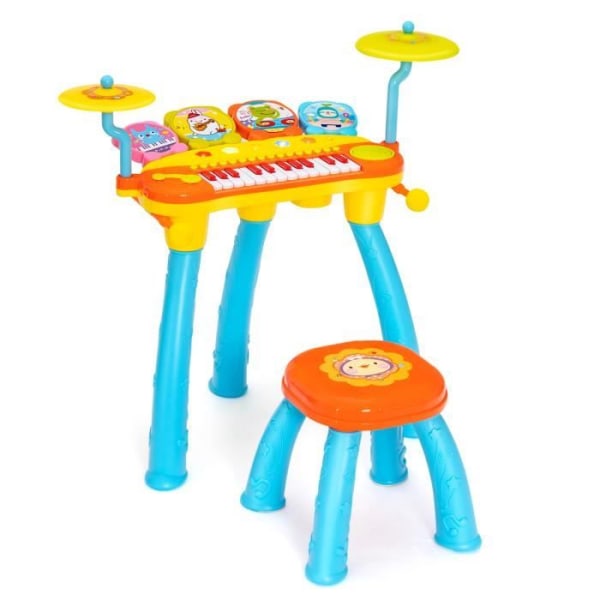 COSTWAY Baby Musical Toy 24 tangenter Piano och trumslagverk med pall, mikrofon, LED-lampor för barn 3+, blå