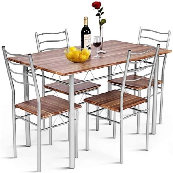 COSTWAY Matbordsset 4 stolar Modern metallstomme, för kök Vardagsrum, montering (Ljus valnöt)