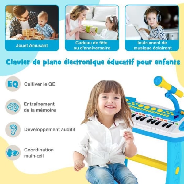 COSTWAY barnpiano för 3+ år med 31 tangenter, pall, mikrofon, ljuseffekter, 8 toner, 7 rytmer, 45x23x45cm, blå