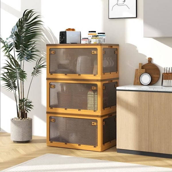 COSTWAY 98L x 3 plastförvaringslådor - 3 hopfällbara förvaringslådor - hjul och 5 dörrar, 66,5 x 46,5 x 111,5 cm, gul
