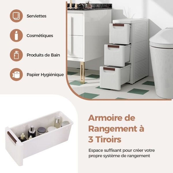 COSTWAY Smal Commode med 3 Skuffer, med Integrerede Hjul, til Badeværelse, Studie & Stue, 42 x 19 x 57 cm, Hvid Vit