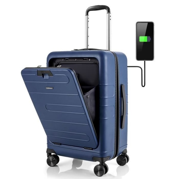COSTWAY 20-tums handbagage på hjul med TSA-lås, med hopfällbart stativ, USB-laddning, flygresor, blå