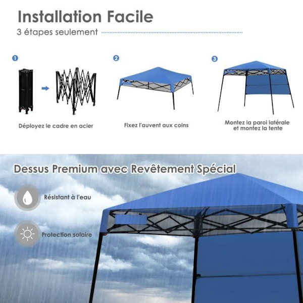 COSTWAY Sammenklappelig Havepavillon 182 x 182 cm Solbeskyttelse 2 Højder med Halv-væg Side Portable Taske til Fest Blå