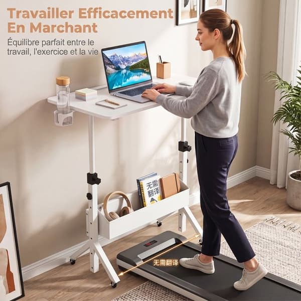 Bureau Assis-Debout COSTWAY Justerbar 6 Höjder 80×40cm Triangulära Ben Låsbara Hjul Tygficka Koppställ Vit