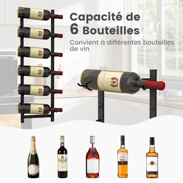 COSTWAY metal vægmonteret flaskeholder 73 CM, vinreol/hylde til 6 flasker til køkken, spisestue, kælder og bar