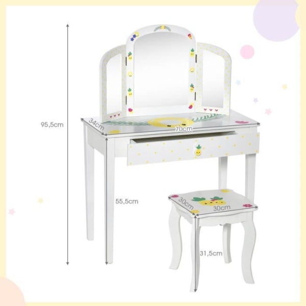 COSTWAY 2 i 1 Sminkbord för barn - Pall, avtagbar 3-faldig spegel - Sminkbord - Låda, Anti-tilt-enhet