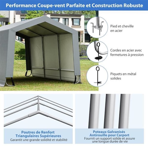COSTWAY Carport opbevaringstelt 2,9 x 4,9 x 2,45 m galvaniseret stål lynlåsdør Vandtæt design til SUV, båd