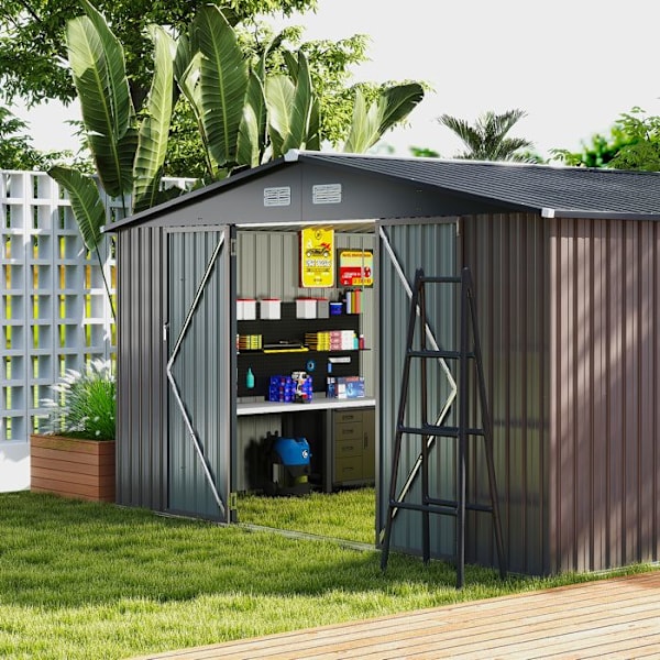 COSTWAY Metallisk Trädgårdsskjul 12 m², Dubbel Pitched Tak, 2 Låsbara Dörrar med Nyckel, 4 Ventilation för Cykel, Soptunna, Verktyg