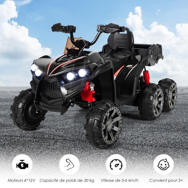 COSTWAY 12V elektrisk fyrhjuling för barn, med 6 hjul, 4 motorer, baklucka, LED, musik, berättelse, USB, 3+ år, svart Svart