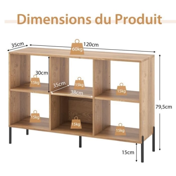 COSTWAY Cube reol - Opbevaringsenhed med 6 rum - 5 metalfødder, justerbare hylder, skridsikre puder - Naturlig