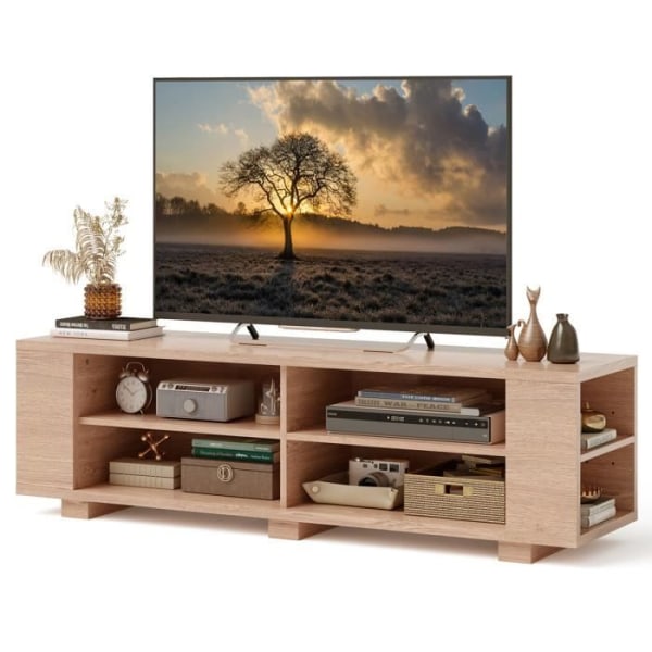 COSTWAY 65" TV-bänk med 4 fack, justerbara hyllor, 4 kabelhål, vardagsrum, sovrum, 150x39x45 cm Natural