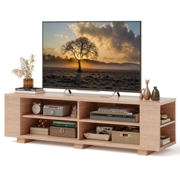 COSTWAY 65" tv-stativ med 4 rum, justerbare hylder, 4 kabelføringshuller, stue, soveværelse, 150x39x45 cm Natural