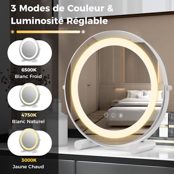 COSTWAY Makeup Mirror 30CM - Justerbart LED-ljus, Pekskärm, 360° rotation, Minnesfunktion - HD Rund Spegel - Vit