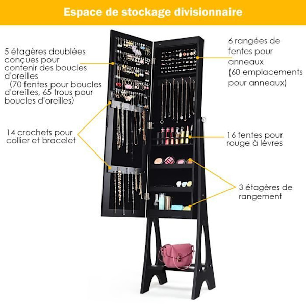 COSTWAY smykkeskab med 12 lysdioder Fritstående fløjl indvendig foring Justerbar vinkel 36 × 33,4 x 154 CM Sort