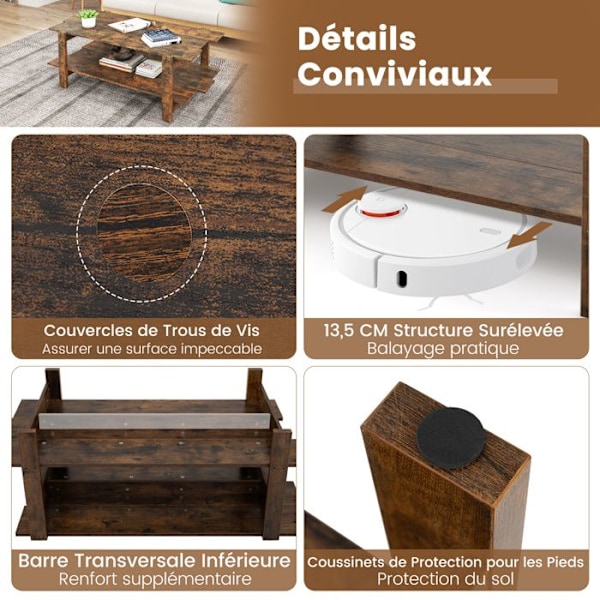Salontable Basse med 2 Niveaux COSTWAY, Lameltræ, Opbevaringshylde, Rektangulær Accentbord Totalbelastning 120KG, Valnød
