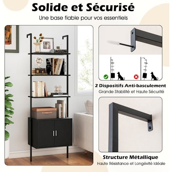 COSTWAY Væghylde Skala 184 CM med 5 Niveauer og Skab, Anti-Tip Kits, Metalramme, til Stue Soveværelse