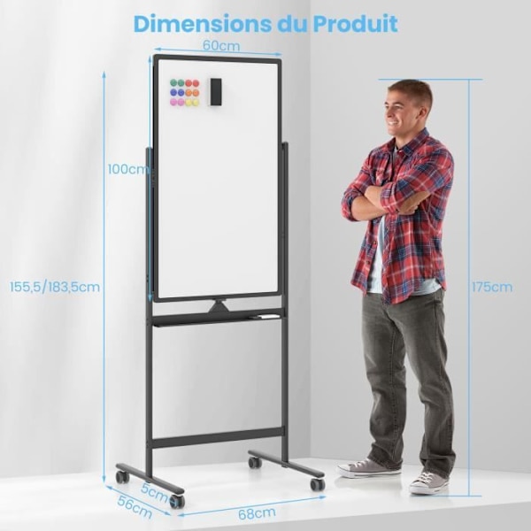 COSTWAY Magnetic Whiteboard 60 x 100 cm Dubbelsidig vändbar torrradering 2 justerbar höjd 4 mobila hjul Svart