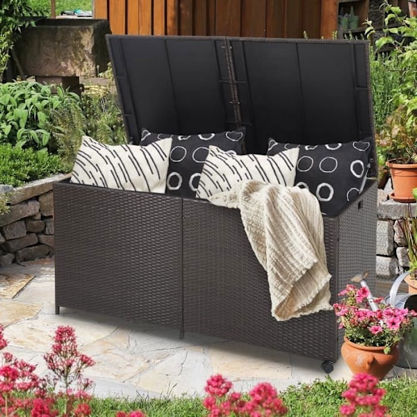 COSTWAY Förvaringsbox 662L i PE-rattann med 2 hjul och 2 gasfjädrar, väderbeständig, 150 x 77 x 73 CM