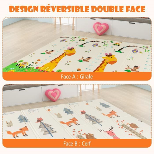 COSTWAY Foldbar Baby Legemåtte 200 x 180 cm - Dobbeltsidet vendbar - Bæretaske - Vandtæt XPE Foring BPA Fri - Hjorte