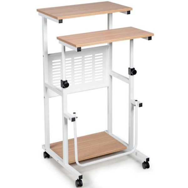 COSTWAY computerbord med hjul Dobbelt top Justerbar højde 68-98 cm printerstøtte, fodstøtte Beige