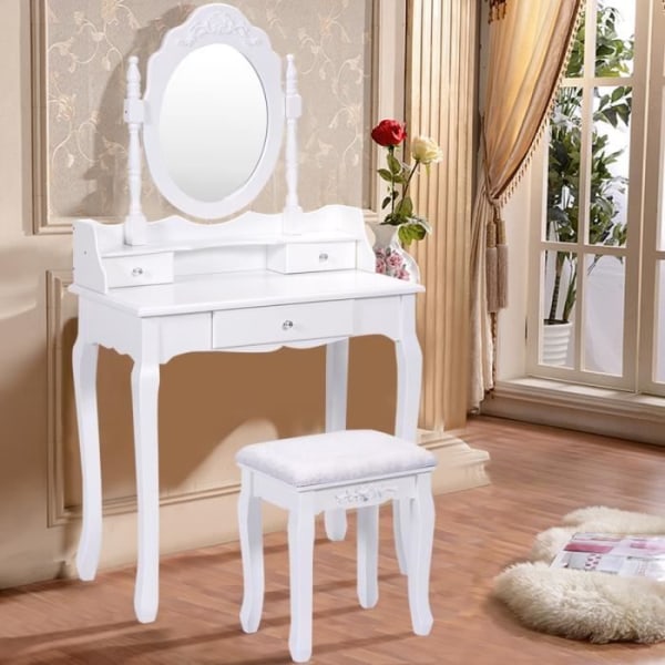 Sminkbord + pall med spegel sovrum sminkbord 3 lådor vit MDF
