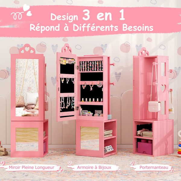 COSTWAY 3 i 1 smyckesskåp för barn med hel spegel, klädhängare, smyckesförvaring, rosa