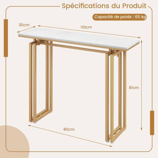 COSTWAY-konsolipöytä, marmoriefekti - 110 x 30 x 81 CM, skandinaaviset eteisen kalusteet, kultainen metallikehys vitt och guld