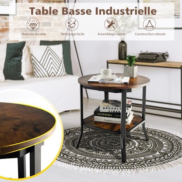 COSTWAY Industrial 2-vånings soffbord, runt sidobord med justerbara benkuddar, för vardagsrum, sovrum, kontor