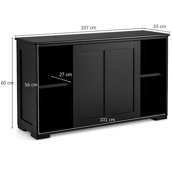 COSTWAY køkkenskænk med skydedør, 107 x 33 x 60 CM, lav skænk med justerbar hylde, til stue og entré, sort